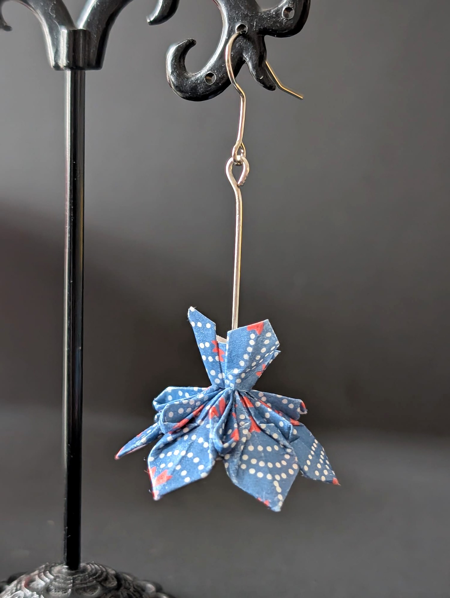 Blue patterned folded dress earring